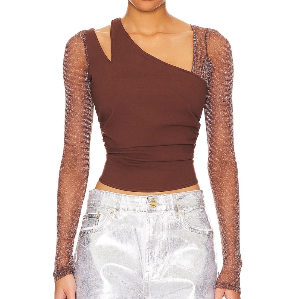 Free People Janelle top Brown One-Shoulder Top with Sheer Sleeves